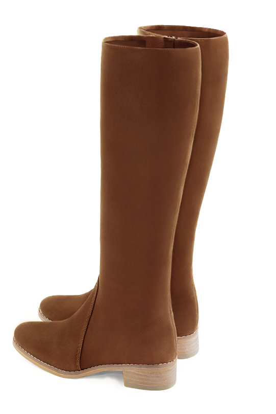 Caramel brown women's riding knee-high boots. Round toe. Low leather soles. Made to measure. Rear view - Florence KOOIJMAN